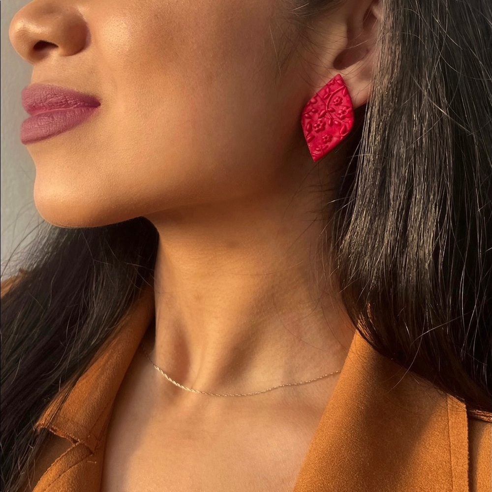 Handmade | Modern Red Floral Clay Earrings | 14k Gold Plated Stainless Steel